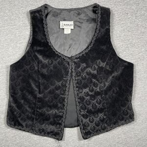 Banjo Vest Womens L Black Velvet Lined Embroidered Floral Hook & Eye Formal